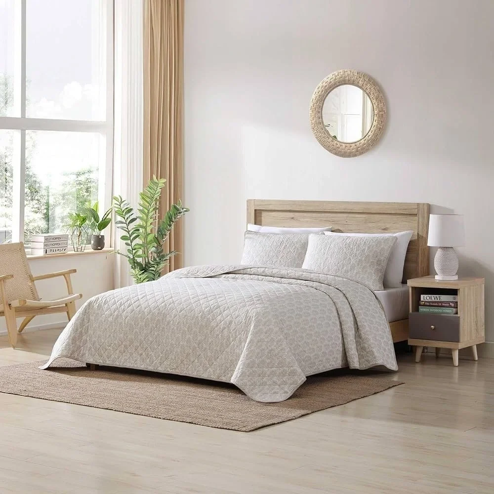 Tommy Bahama Queen Quilt Set, Reversible Cotton Set Shams,Frond Leaf Khaki,Queen